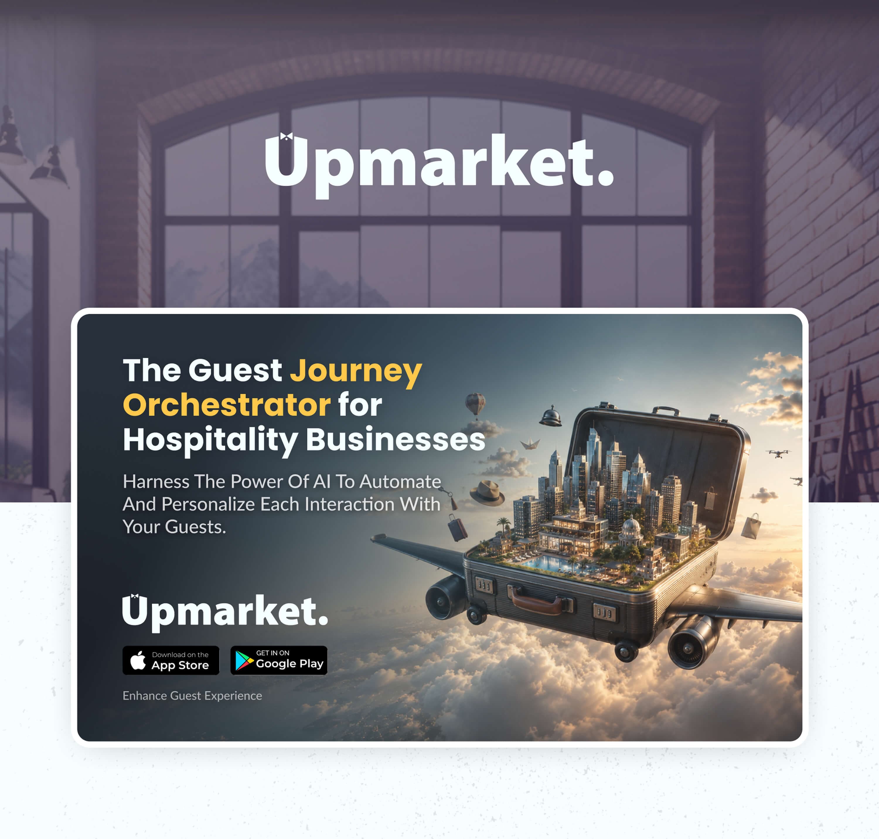 Advertising layout — the guest journey orchestrator for hospitality businesses, with an open suitcase carrying a whole city, flying over the clouds on aircraft wings, plus the wordmark and the App Store and Google Play badges