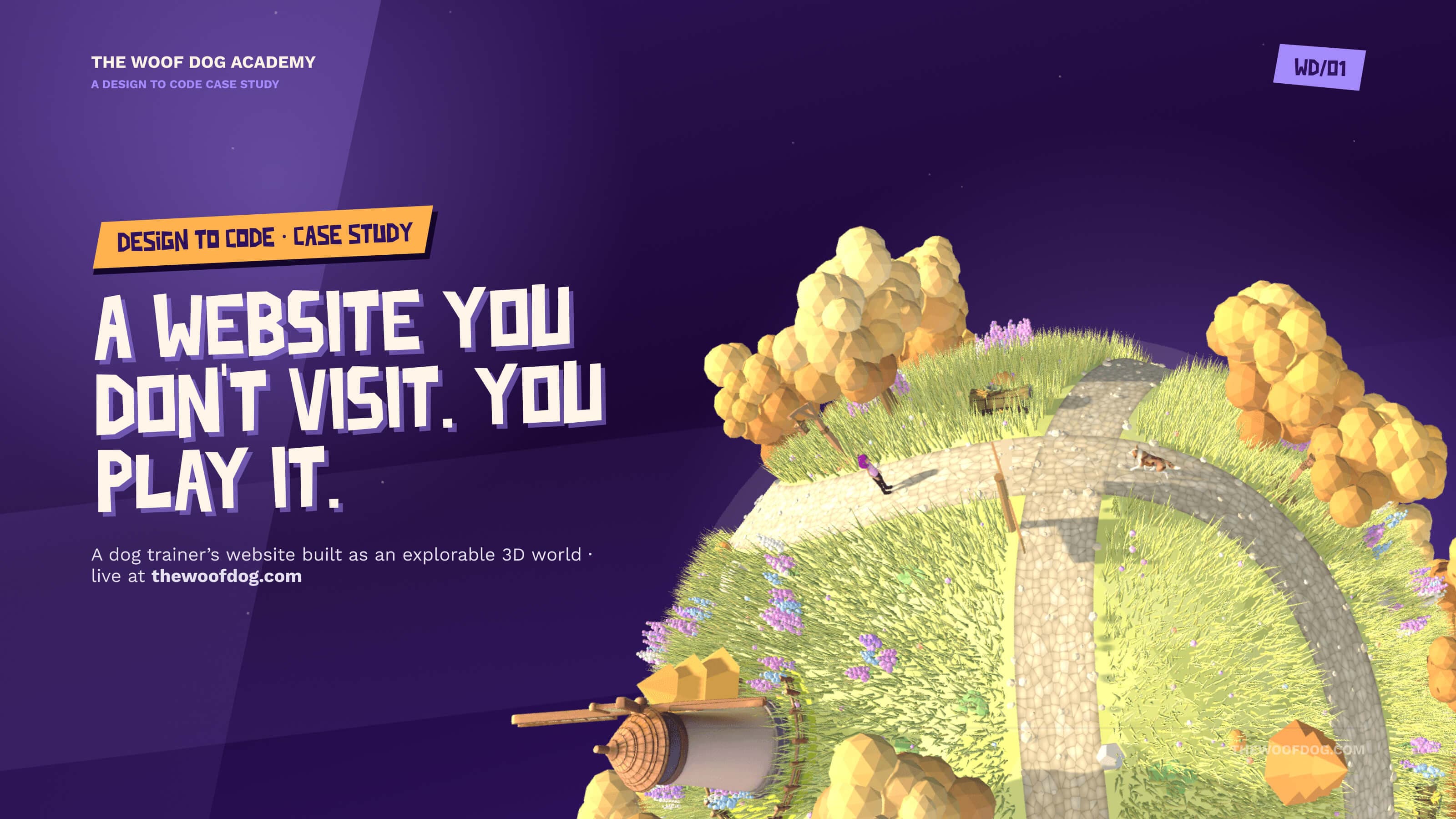 Case study cover — a website you don't visit, you play it: the tiny planet with its crossing stone roads beside the title, live at thewoofdog.com