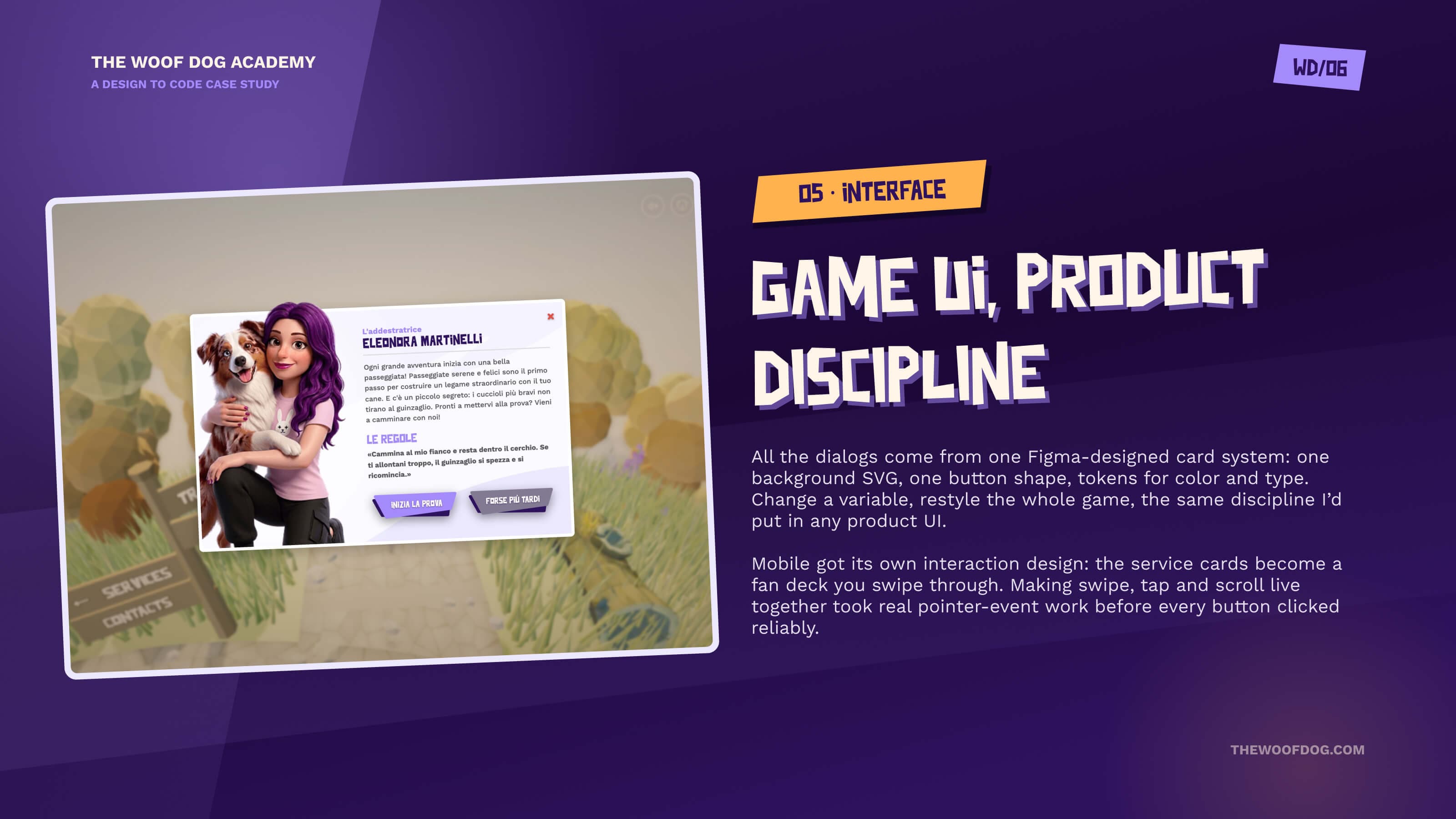 Game UI, product discipline — the trainer's dialog card from the Figma-designed system: one background SVG, one button shape, tokens for color and type