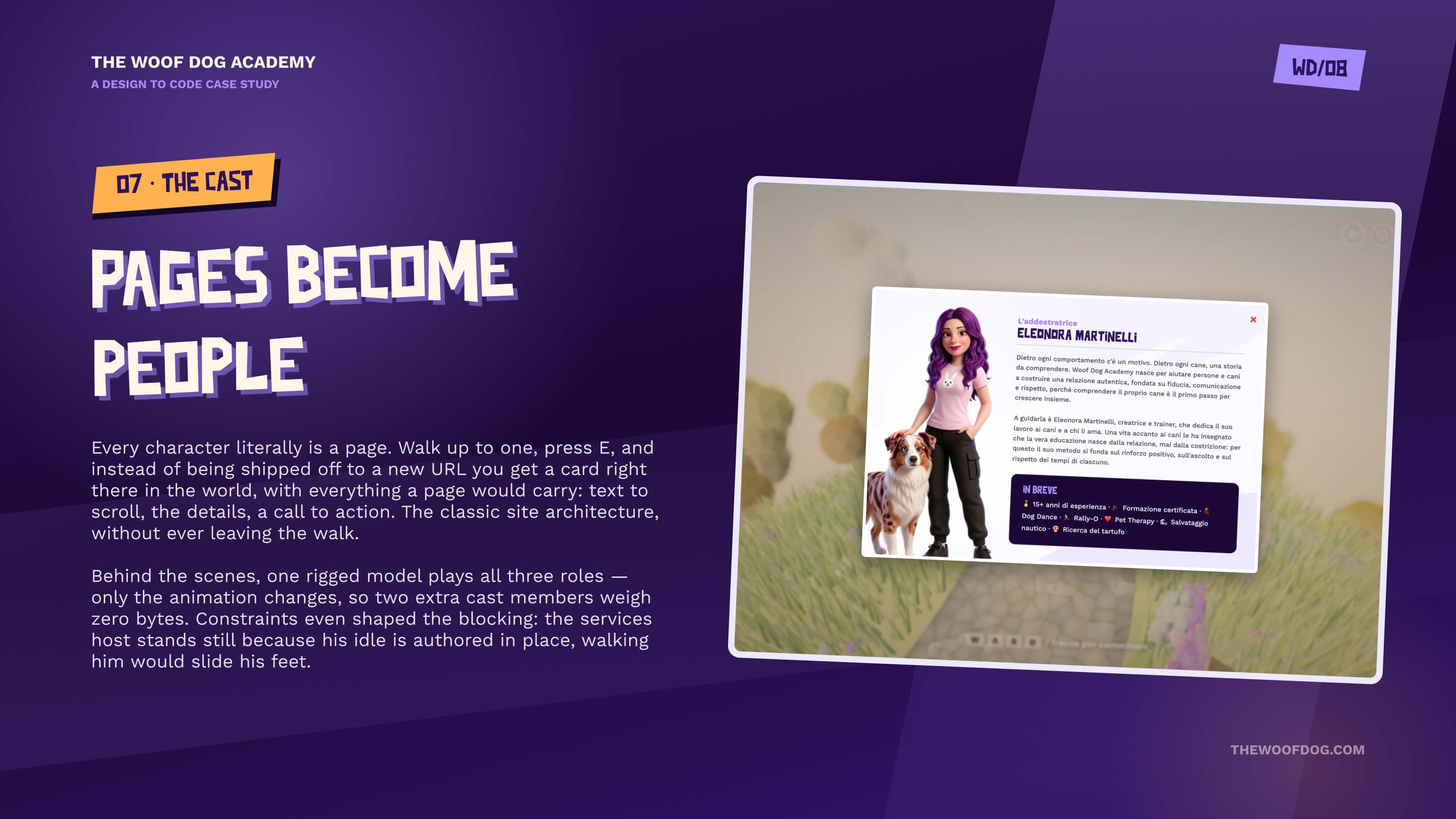 Pages become people — the About card opened in the world: a character popup carrying text to scroll, details and a call to action like a classic page