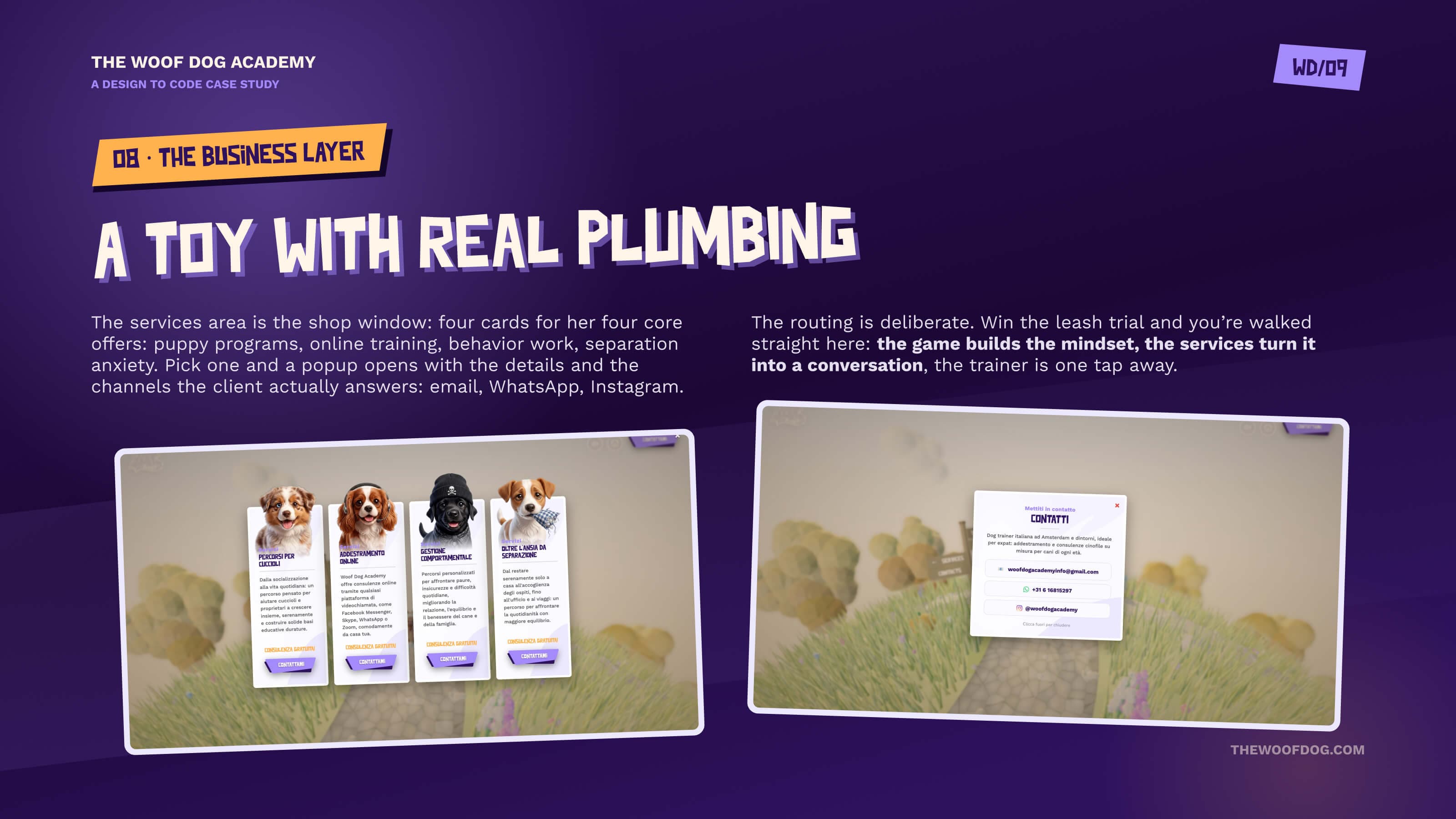 A toy with real plumbing — the four service cards and the contacts popup wired to the channels the client answers: email, WhatsApp, Instagram
