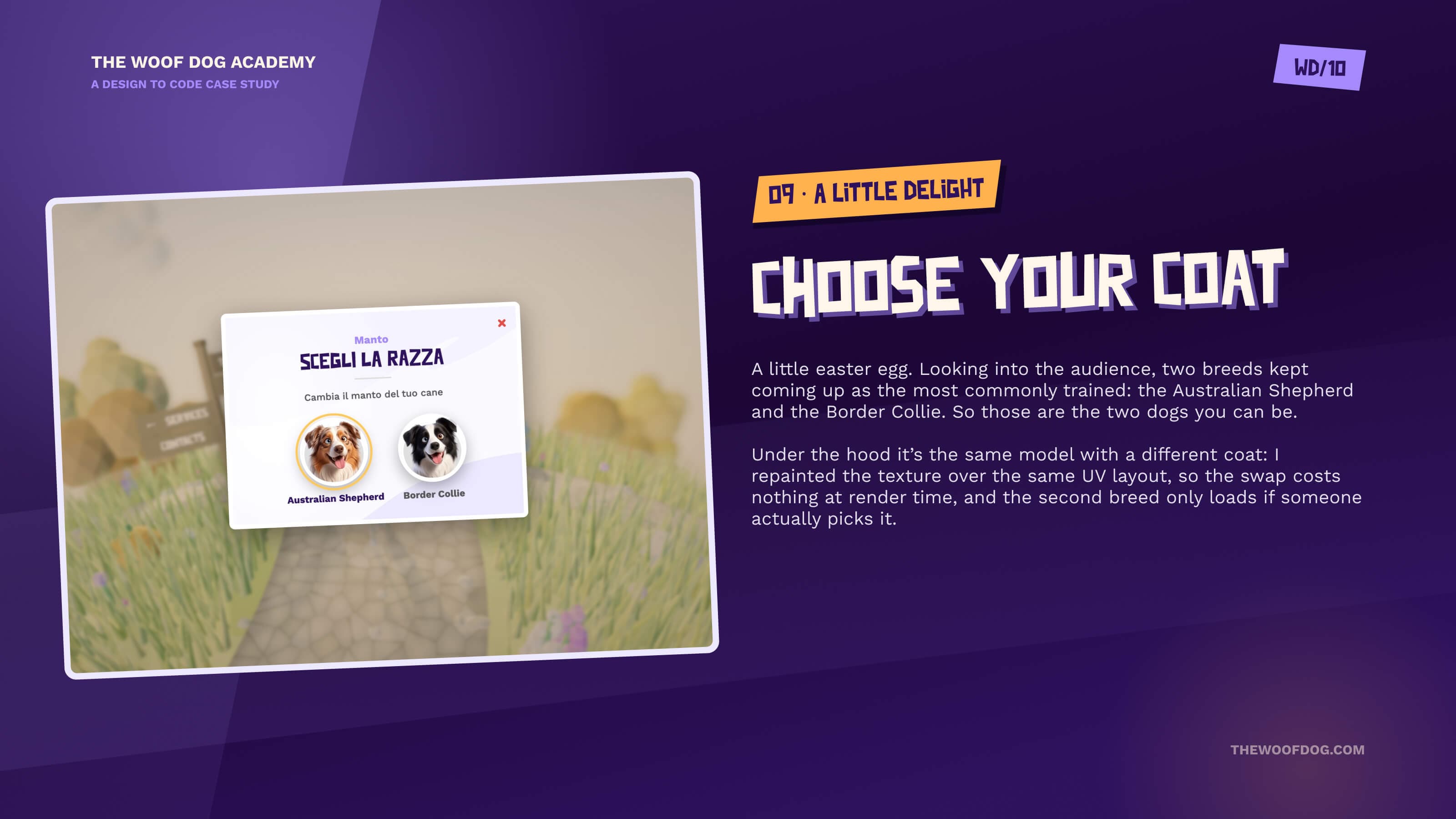 Choose your coat — the breed picker easter egg: Australian Shepherd or Border Collie, the same model with a repainted texture