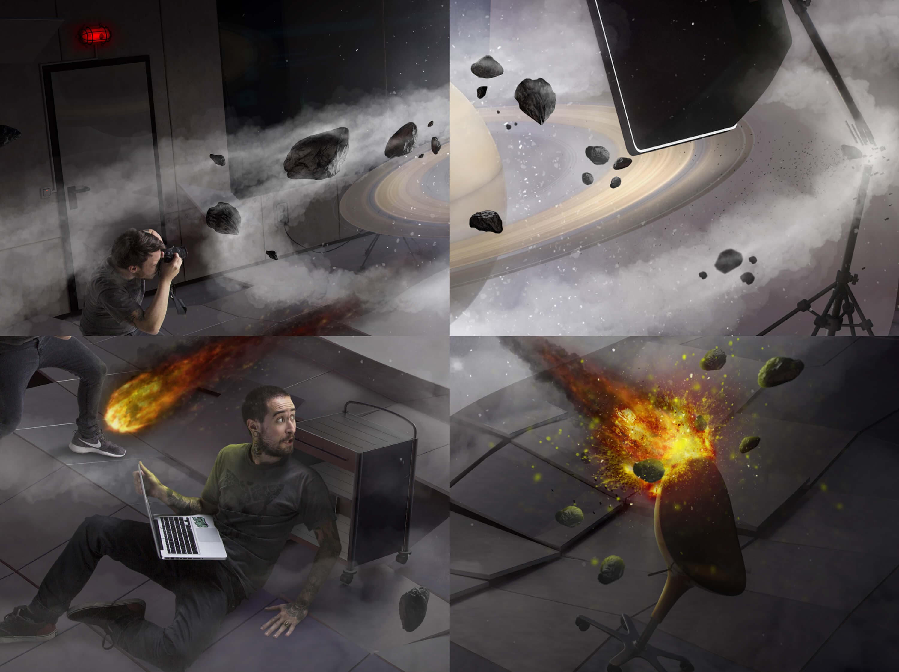 Saturn, four details — the crouching photographer against the drifting rocks, the rings passing behind the softbox, the assistant sliding on the floor with the laptop as a comet flies past, and the burning impact on the overturned stool