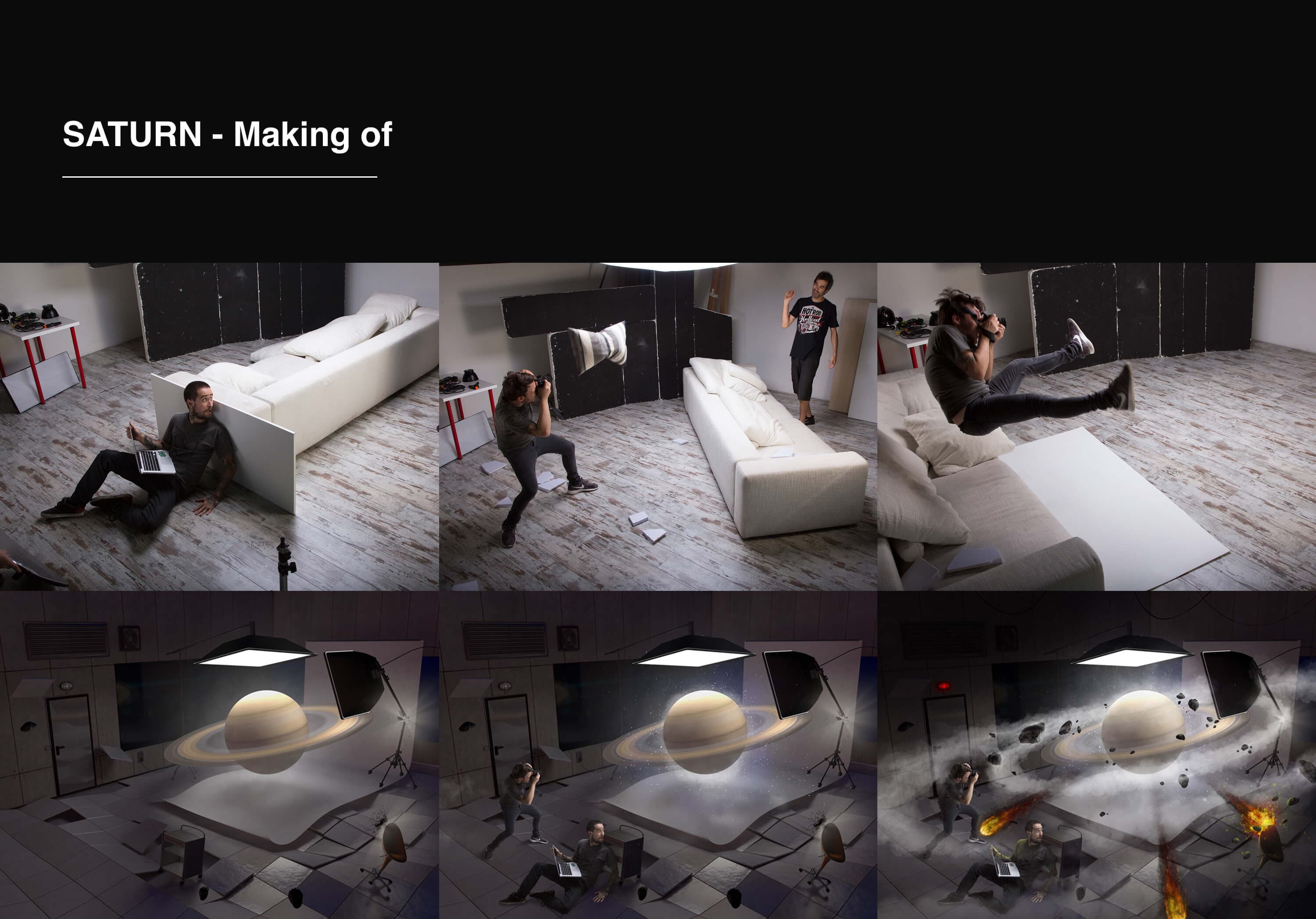 Saturn, making of — three frames of the real shoot in a bright room, with the crew on a white sofa and black panels for the background, and three frames of the composite growing: the bare planet, then the studio, then dust, asteroids and fire