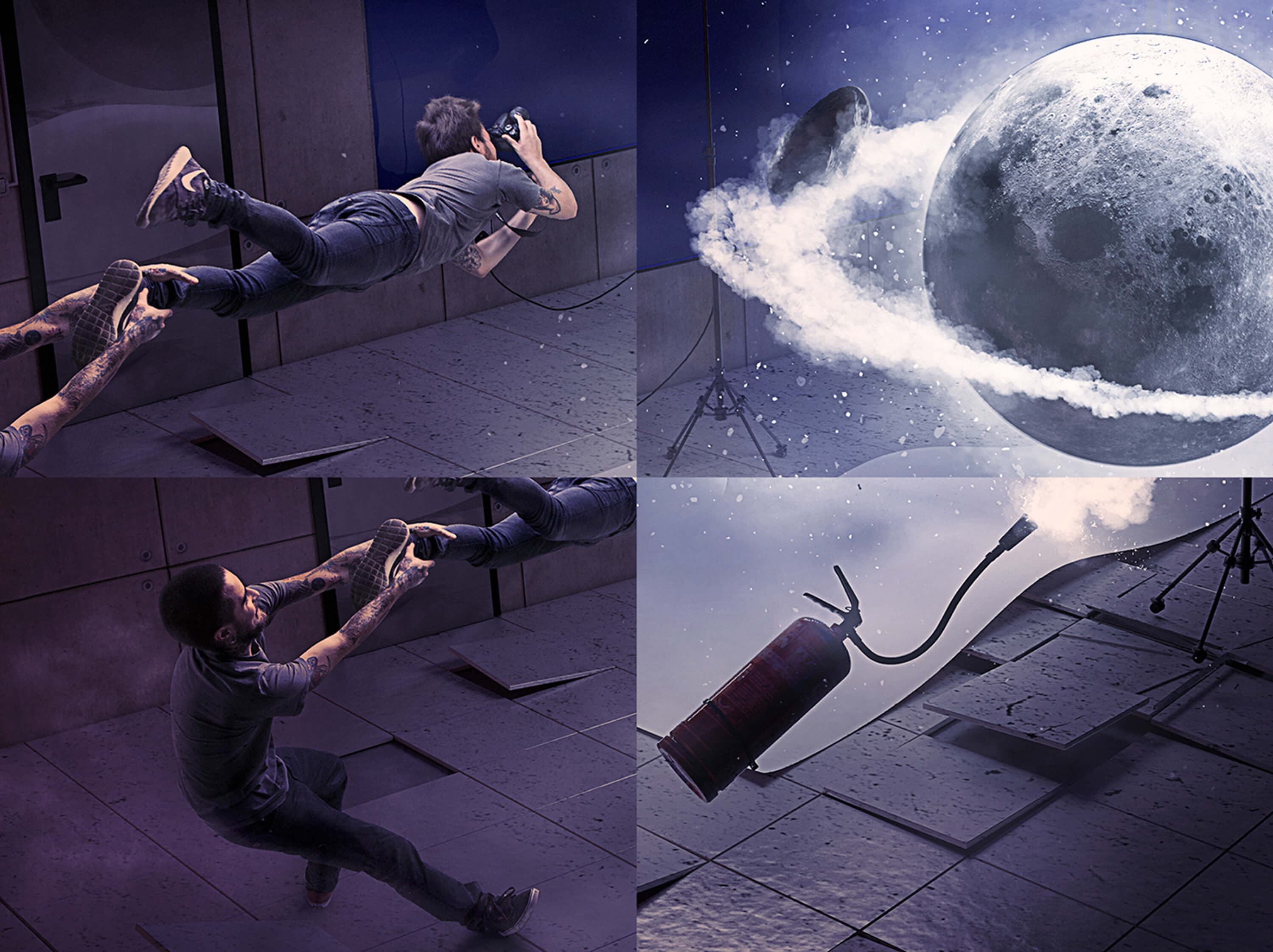 The Moon, four details — the flying photographer held by the ankle, the cratered surface behind its vapour ring, the colleague leaning back against his weight, and the fire extinguisher spraying as it flies