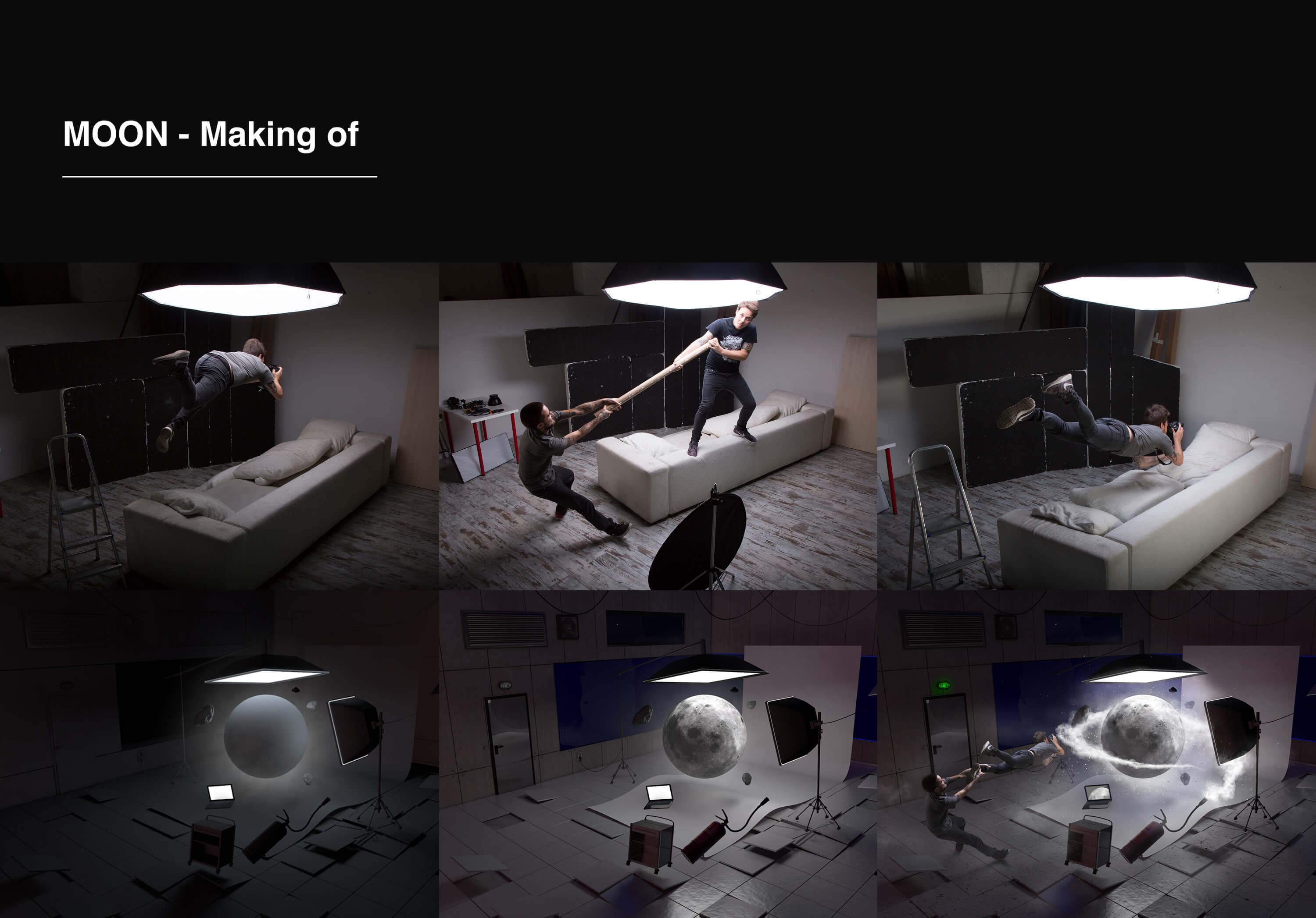 Moon, making of — three frames of the real shoot with the crew balancing over a sofa and being pulled by a wooden pole, and three frames of the composite: the plain sphere, then the moon in the studio, then the vapour, the crew and the flying objects