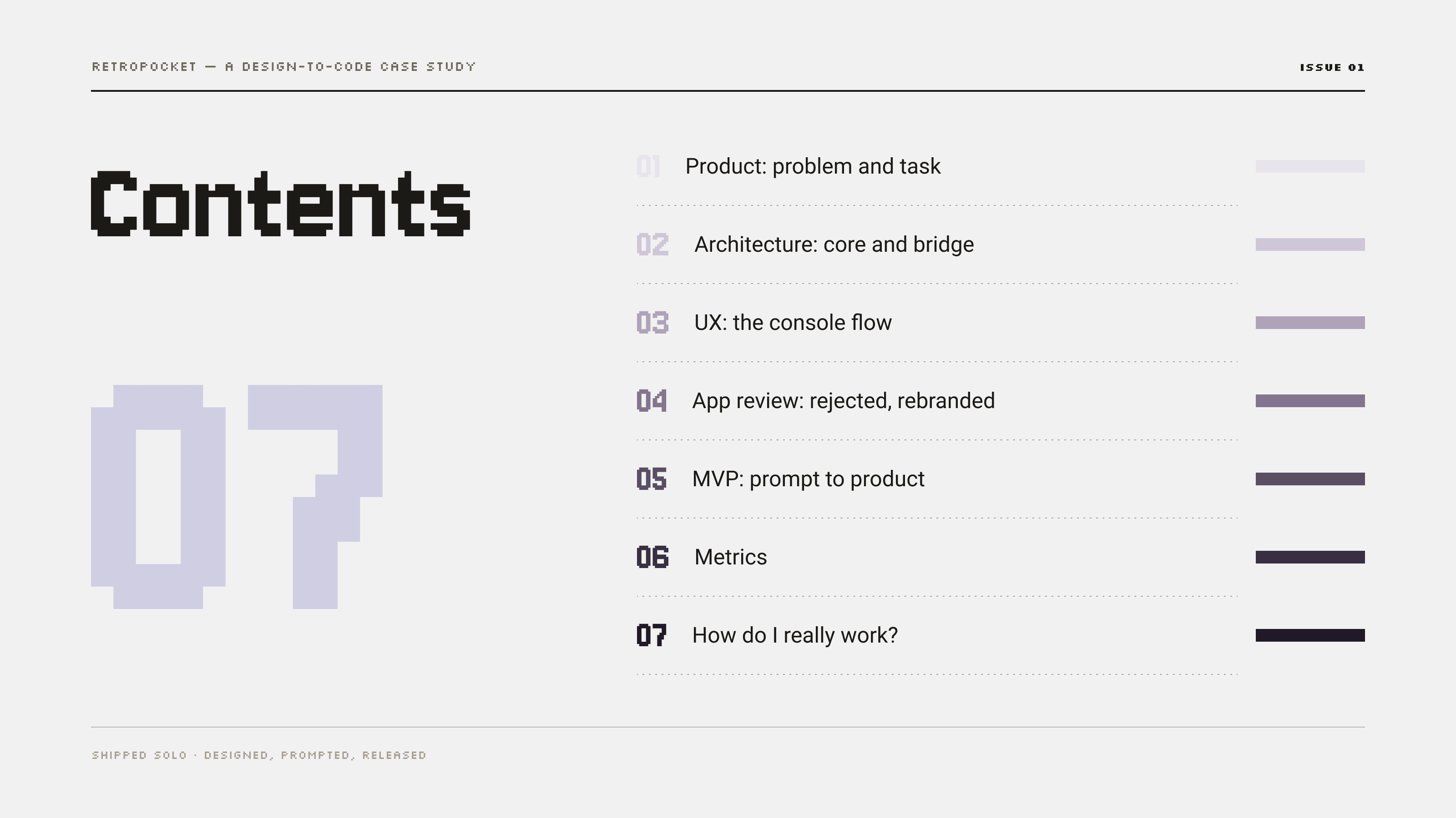Case study contents — the seven chapters of the RetroPocket story: product, architecture, UX, App review, MVP, metrics, and how do I really work