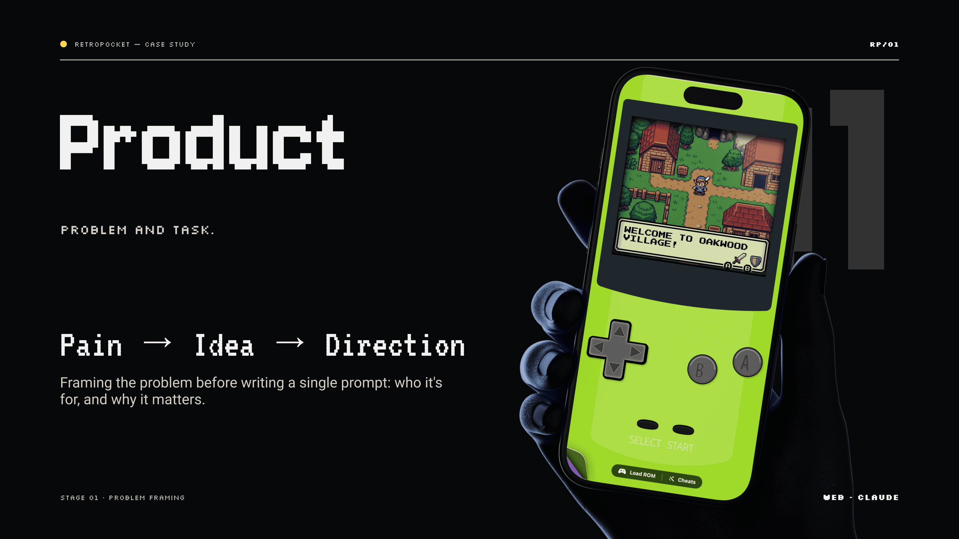 Chapter 01, Product — pain, idea, direction: a hand holding the lime-green console on iPhone, framing the problem before writing a single prompt