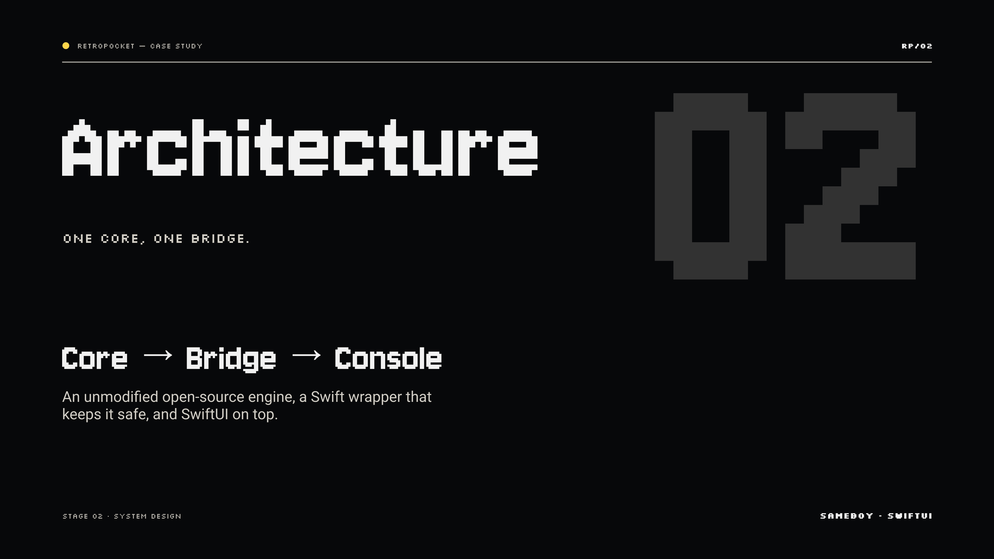 Chapter 02, Architecture — core, bridge, console: an unmodified open-source engine, a Swift wrapper that keeps it safe, and SwiftUI on top
