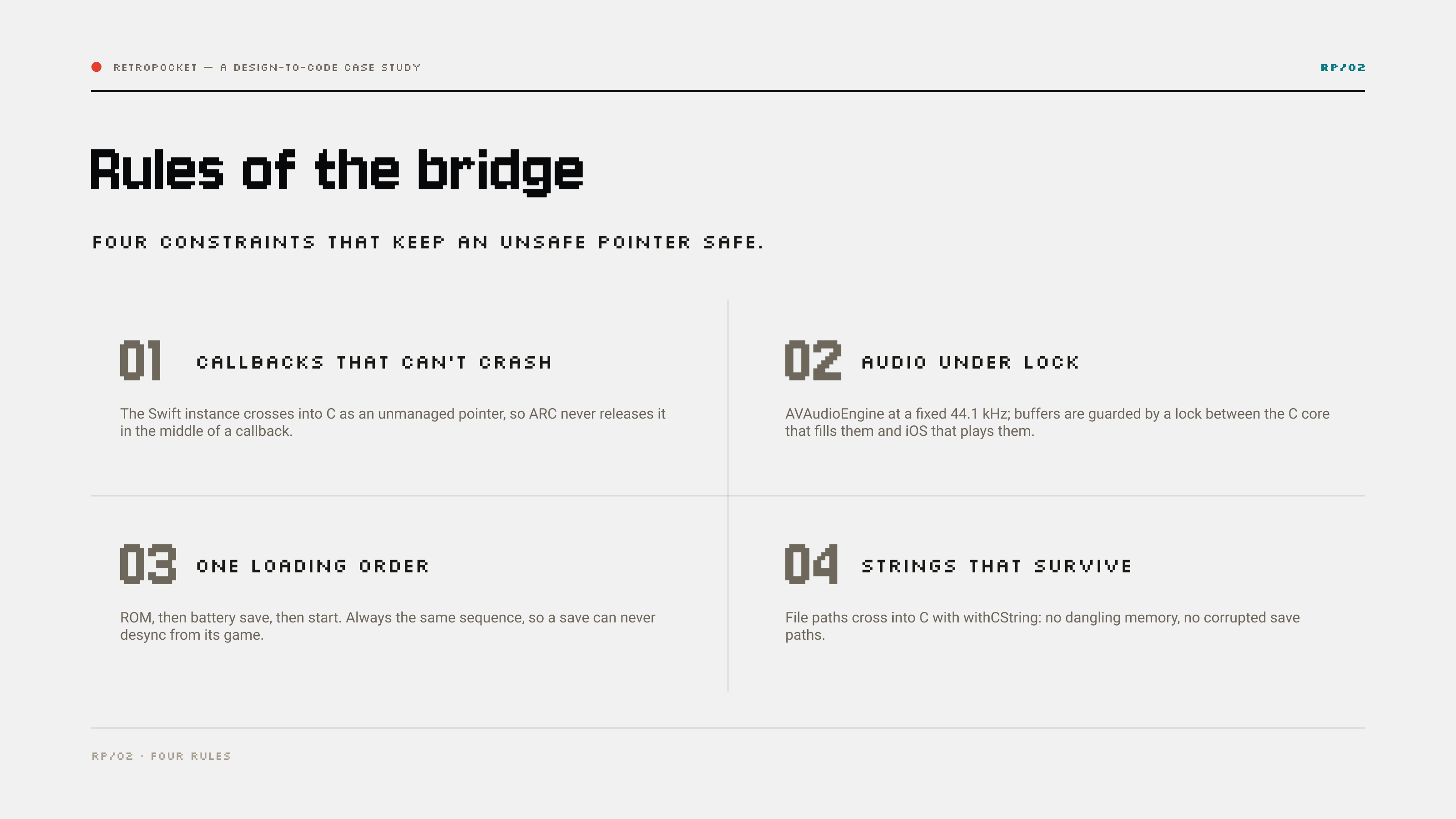 Rules of the bridge — callbacks that can't crash, audio under lock at 44.1 kHz, one loading order, and file paths that survive the crossing into C