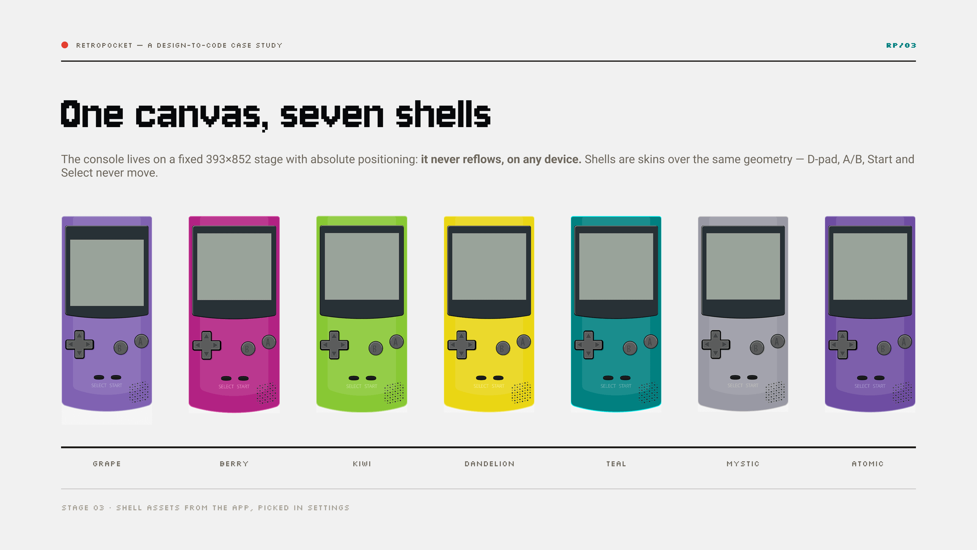 One canvas, seven shells — grape, berry, kiwi, dandelion, teal, mystic and atomic skins over the same fixed 393×852 geometry