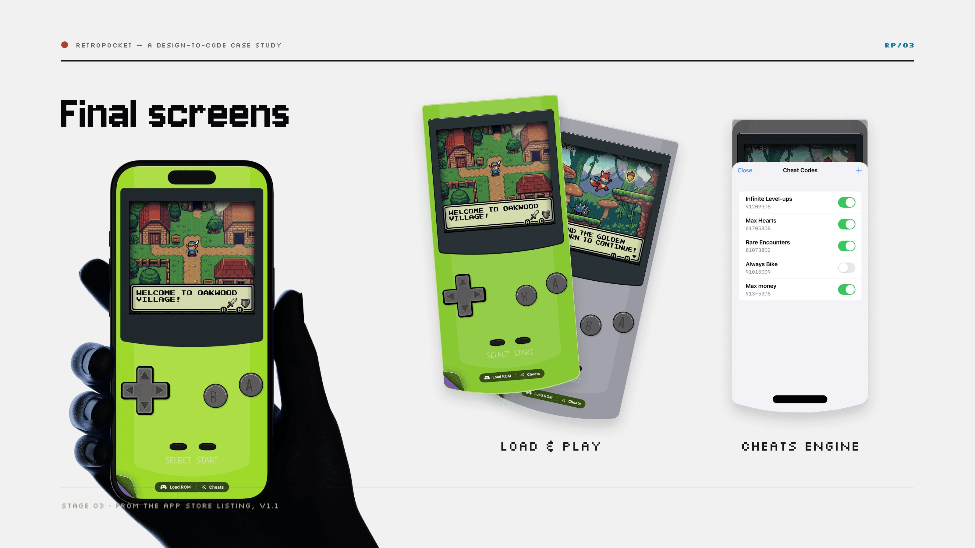 Final screens — the console in hand, load and play on the green and grey shells, and the cheat codes engine with its toggles