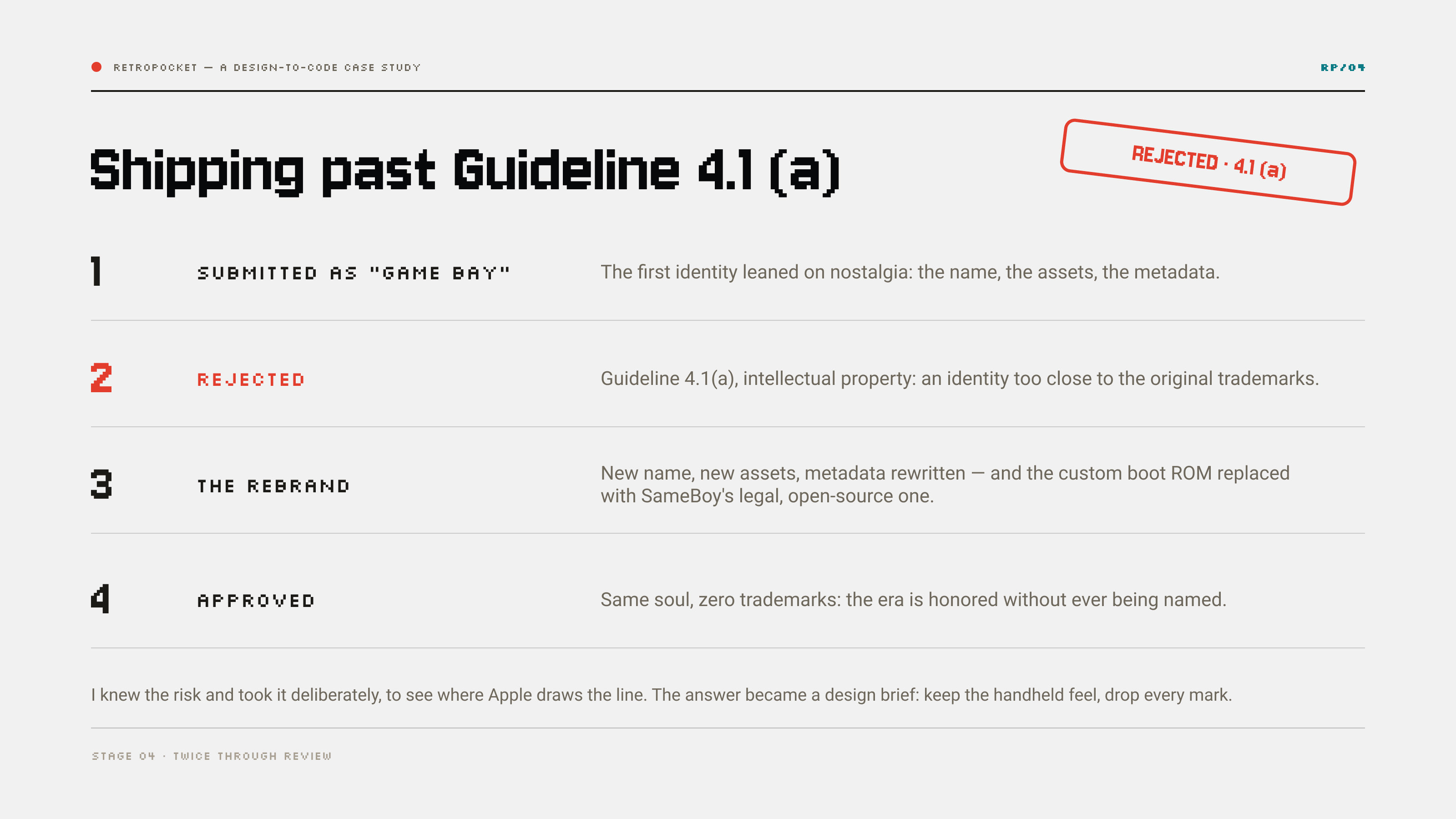 Shipping past Guideline 4.1(a) in four steps — submitted with the old identity, rejected for intellectual property, rebranded with a legal boot ROM, approved