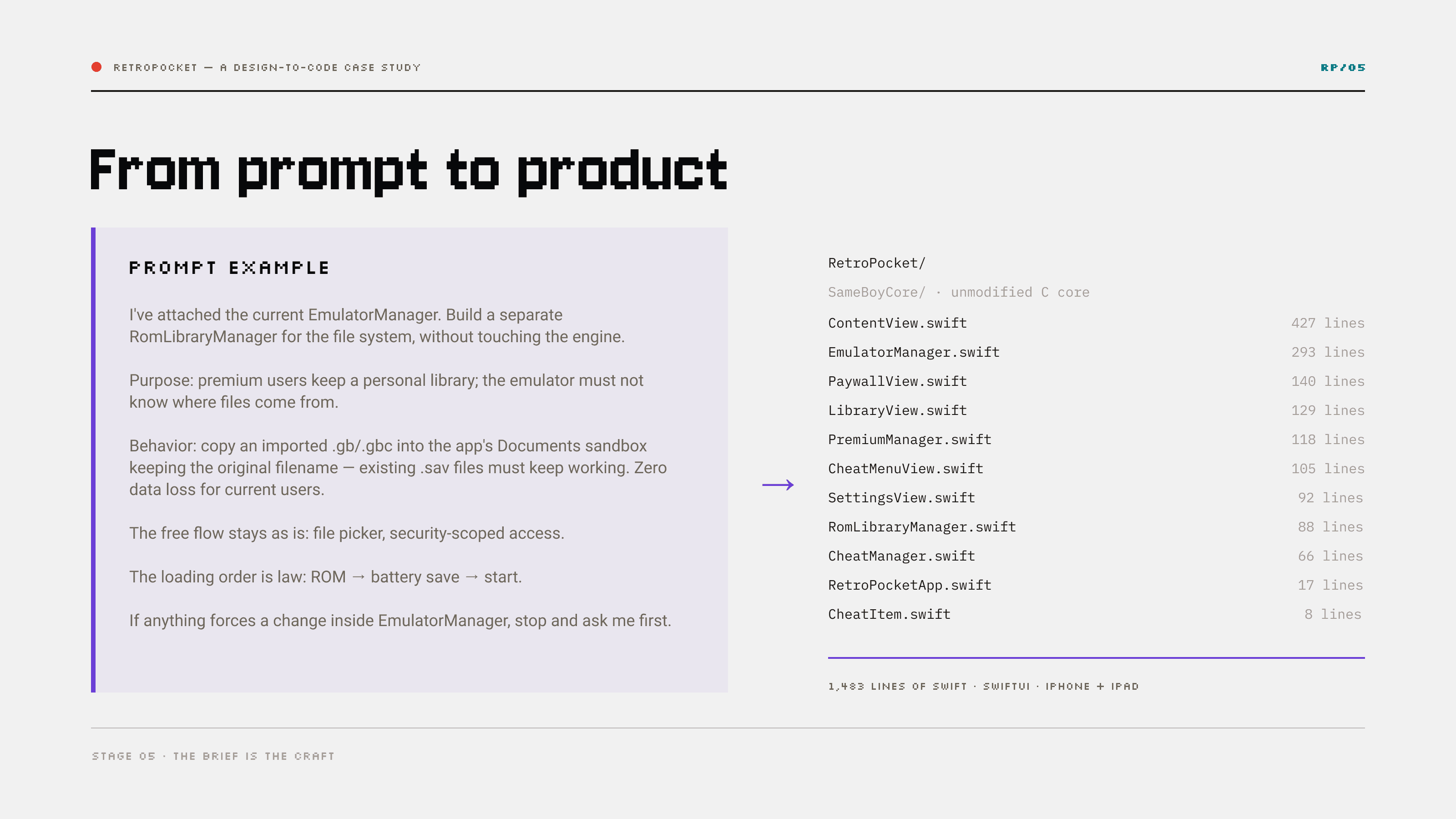 A real prompt next to what it produced — the RomLibraryManager brief and the resulting Swift files, 1,483 lines of SwiftUI for iPhone and iPad