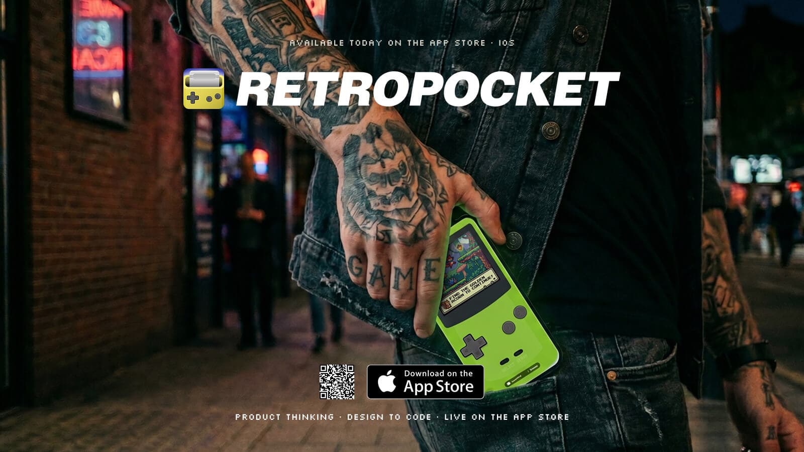 Closing — the lime-green console slipped into a back pocket on a neon-lit street, with the RetroPocket wordmark and the App Store badge