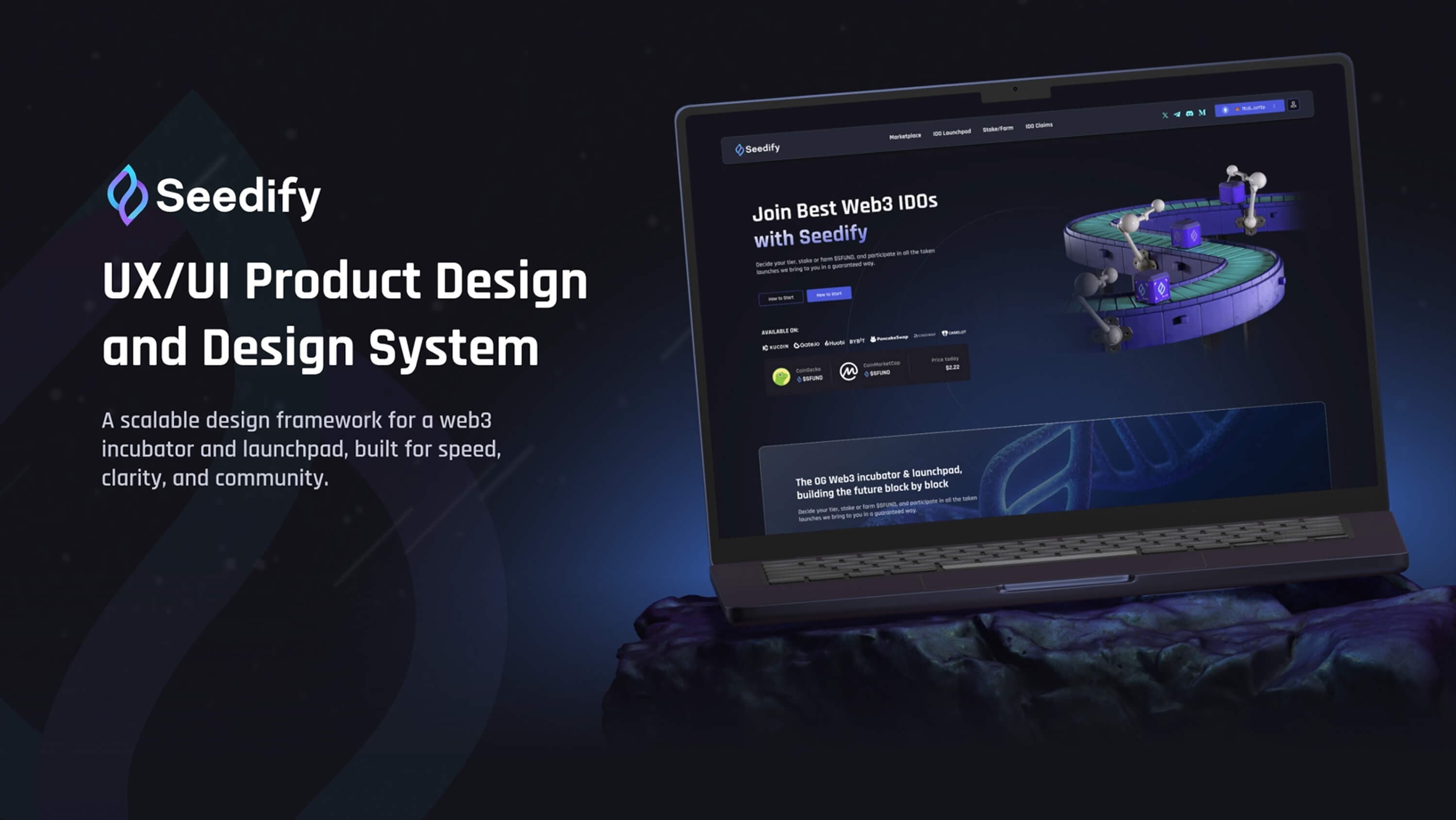Title slide — UX/UI product design and design system for Seedify, a scalable design framework for a web3 incubator and launchpad, beside the home page on a laptop