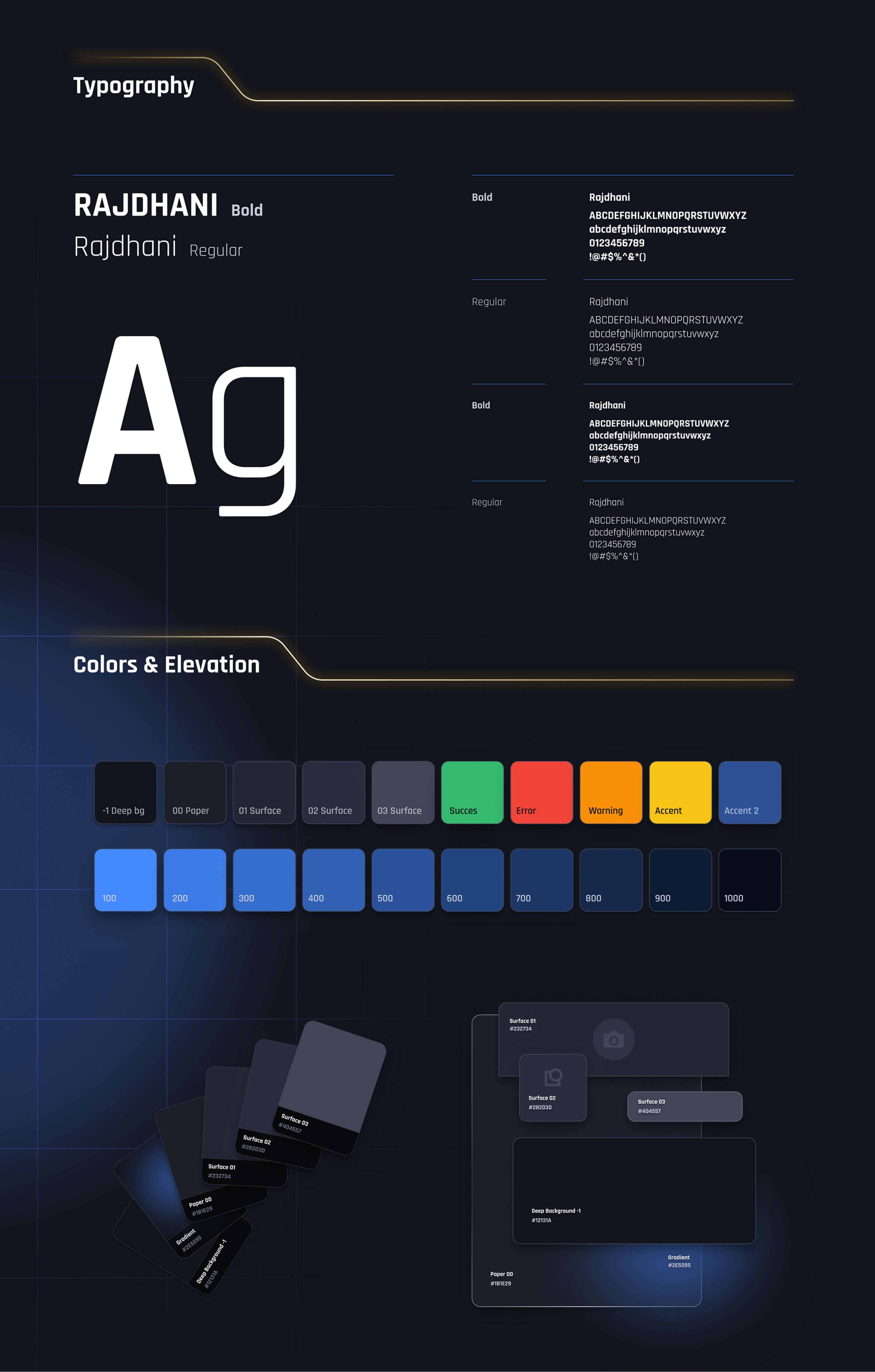 Typography and color — the Rajdhani specimen in bold and regular, the semantic and surface swatches, the blue 100 to 1000 scale and the elevation steps