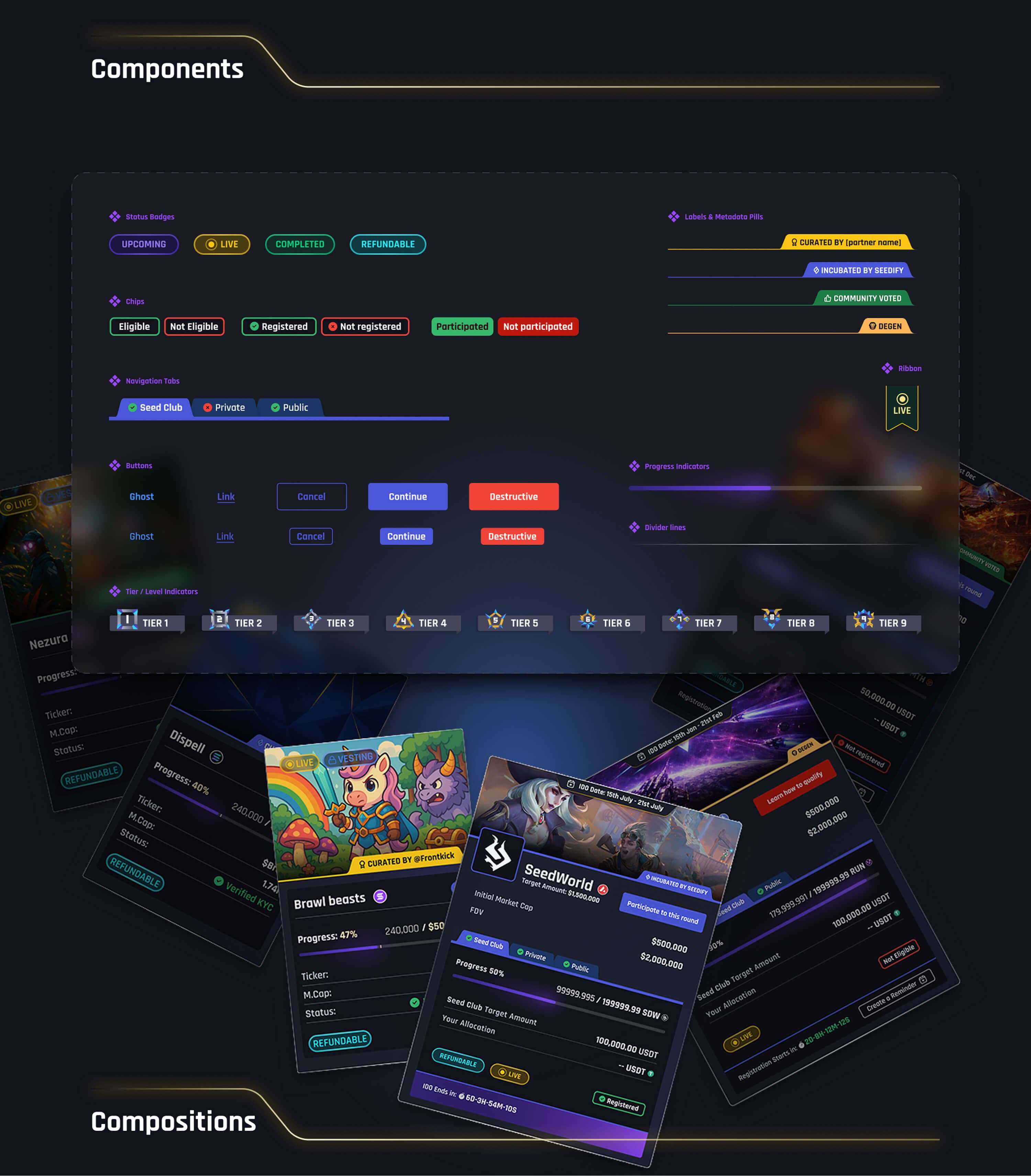 Components and compositions — status badges, chips, navigation tabs, buttons, tier indicators, metadata pills and progress bars, above a fan of tilted IDO project cards