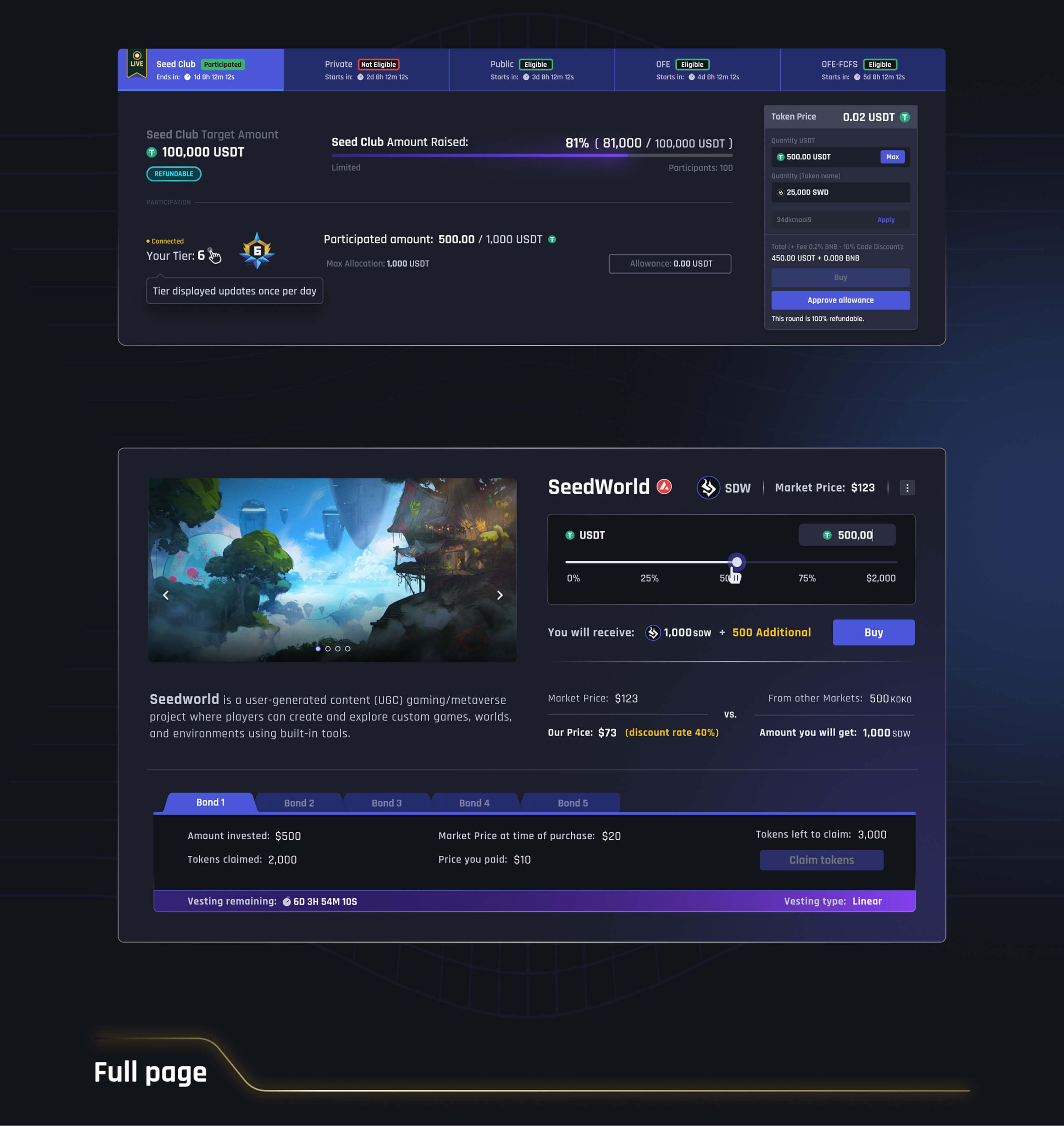 Full page — the round tabs with the seed club progress and allocation panel, above the SeedWorld purchase page with the amount slider, price comparison and the bond and vesting tabs