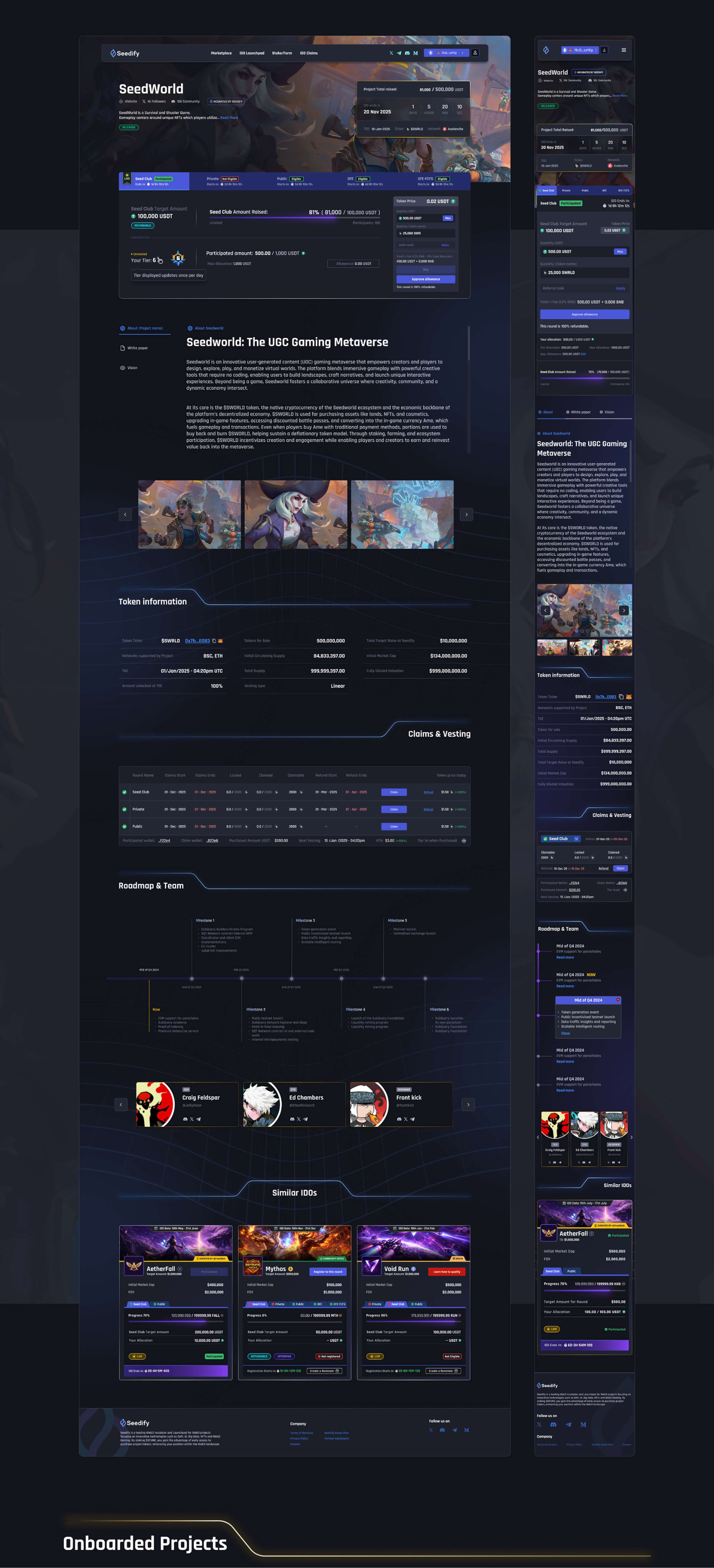 The complete SeedWorld project page on desktop and mobile side by side — hero, round tabs, description, token information, claims and vesting, roadmap and team, and similar IDOs