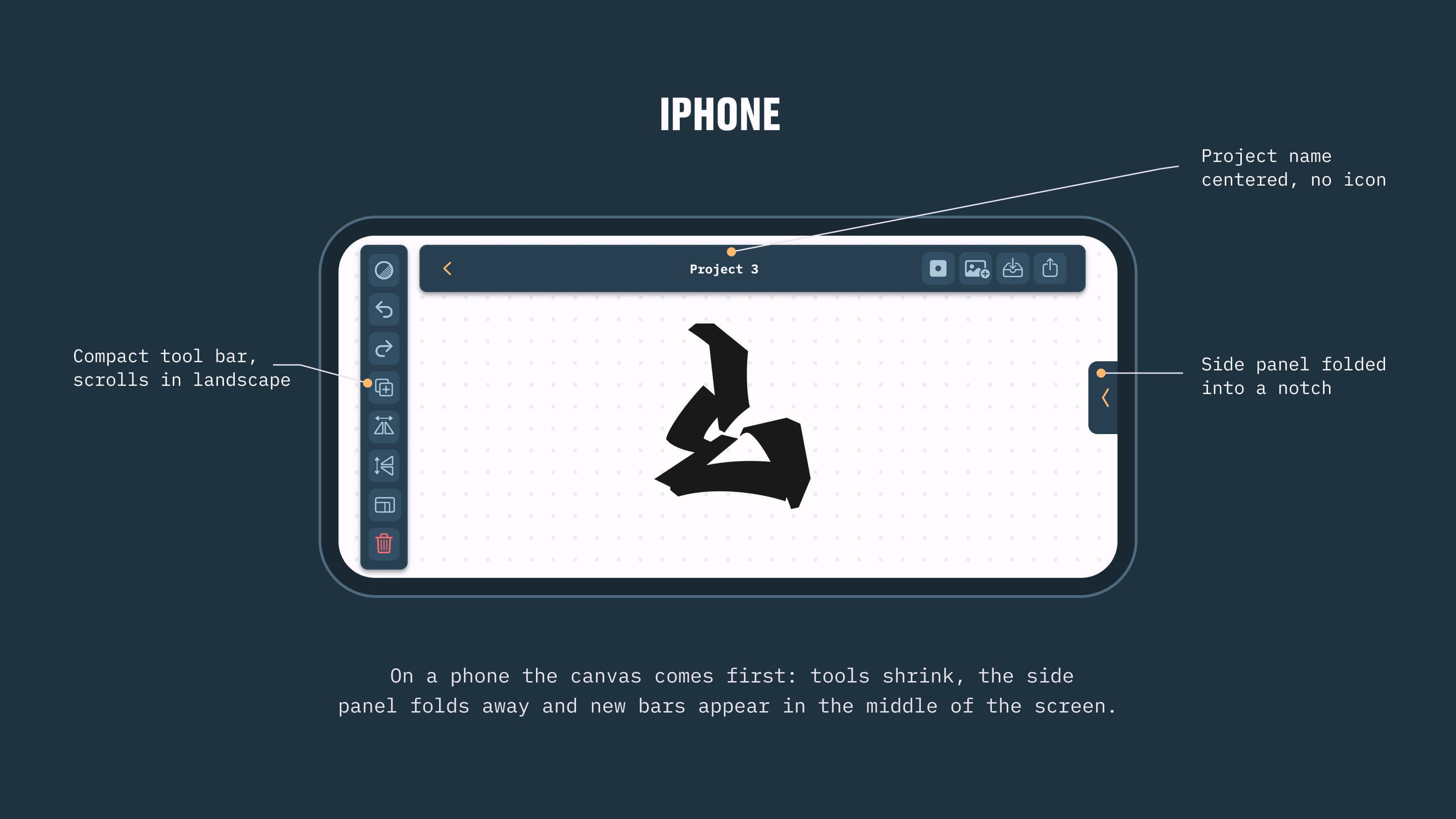 The iPhone layout — canvas first, compact tool bar that scrolls in landscape, project name centered and the side panel folded into a notch
