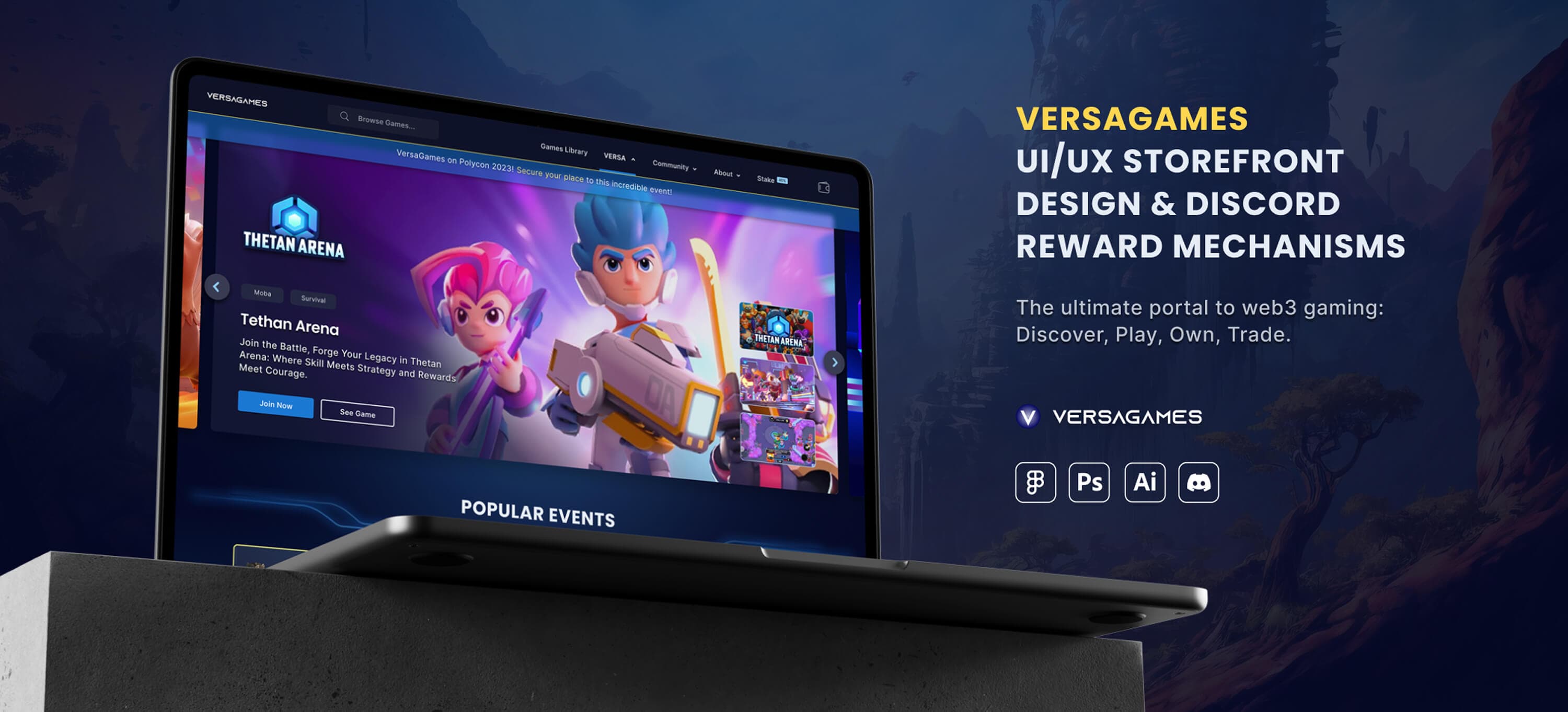 VersaGames — UI/UX storefront design and Discord reward mechanisms: the ultimate portal to web3 gaming on a laptop, with the design tool icons