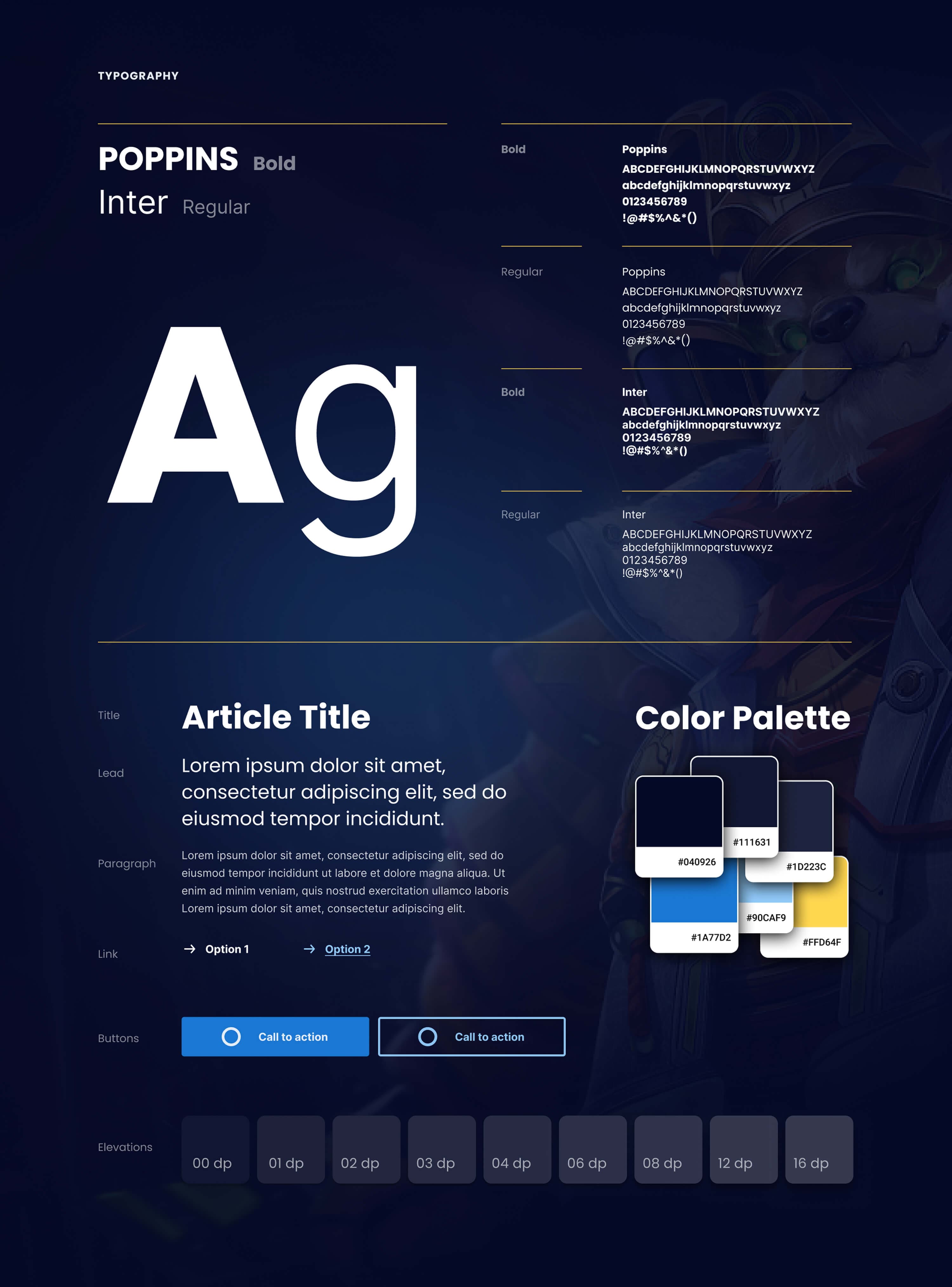 Typography and color palette — Poppins and Inter specimens, article layout, buttons, elevation steps and the navy, blue and yellow swatches