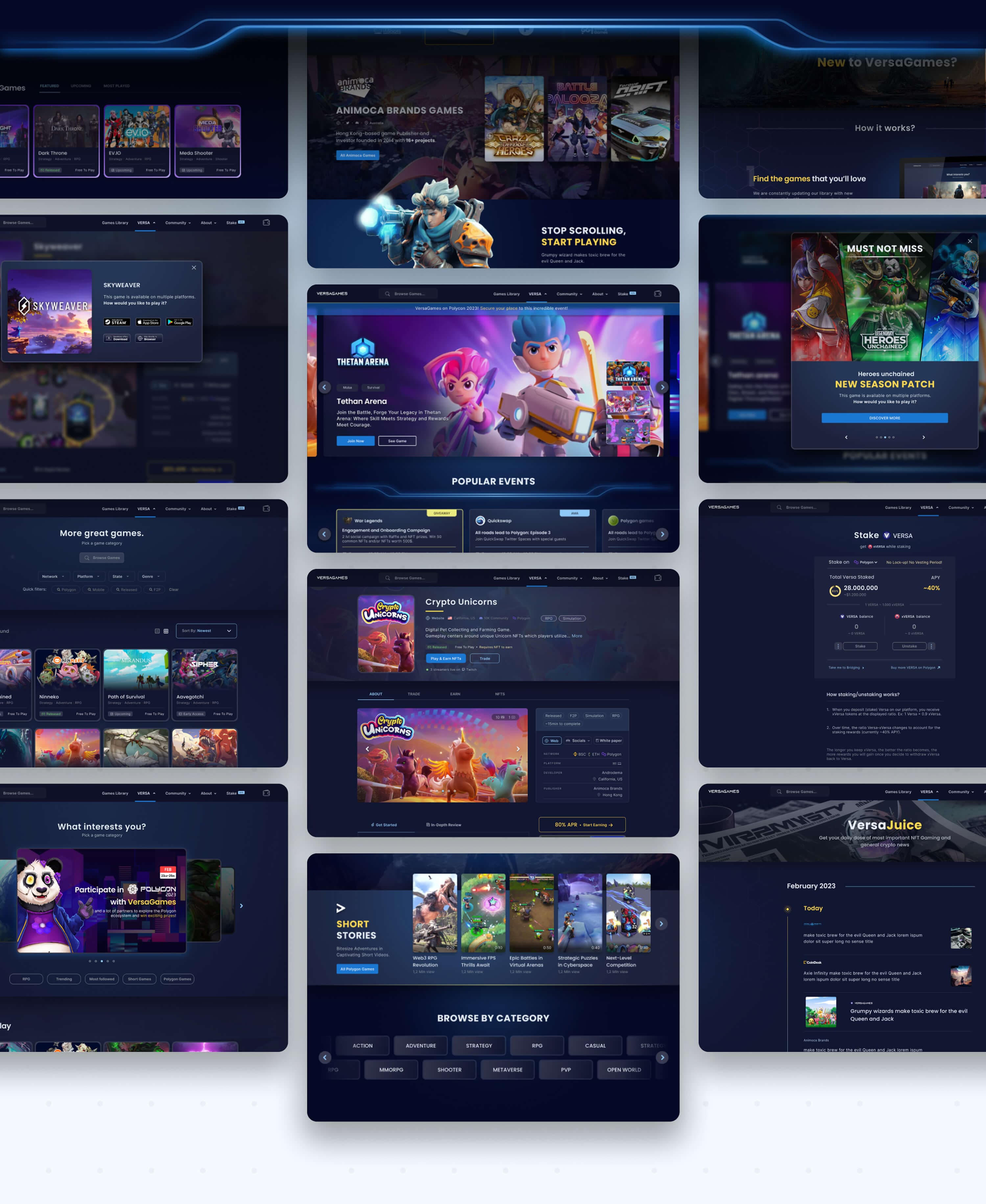 Board of storefront screens — games library, game pages and modals, staking view, news feed and category browsing