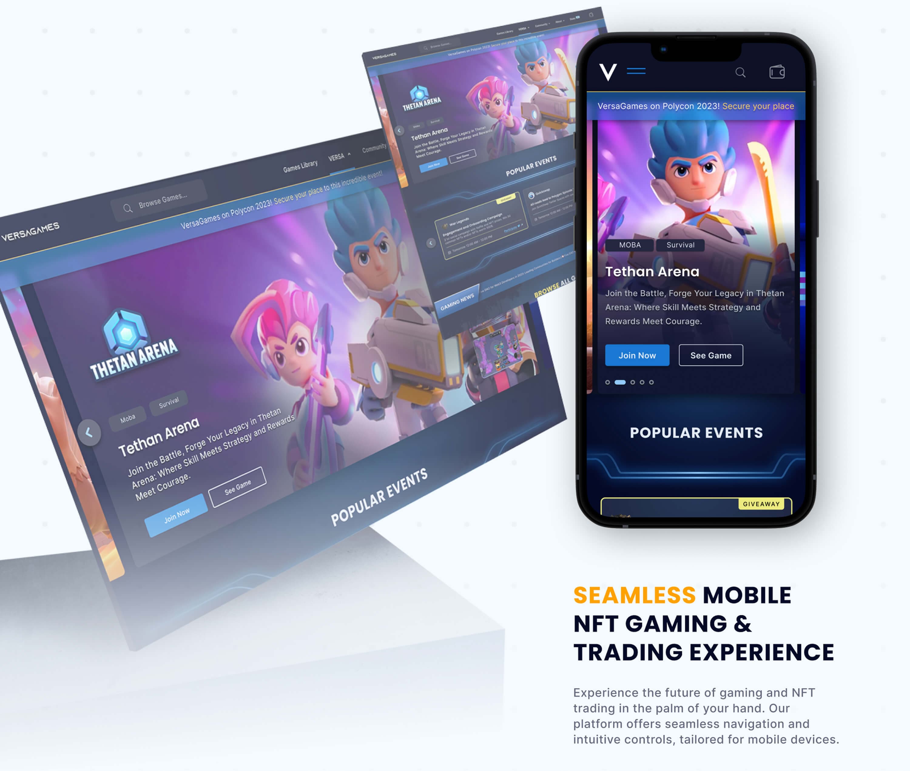 Seamless mobile NFT gaming and trading — the storefront on desktop and on an iPhone