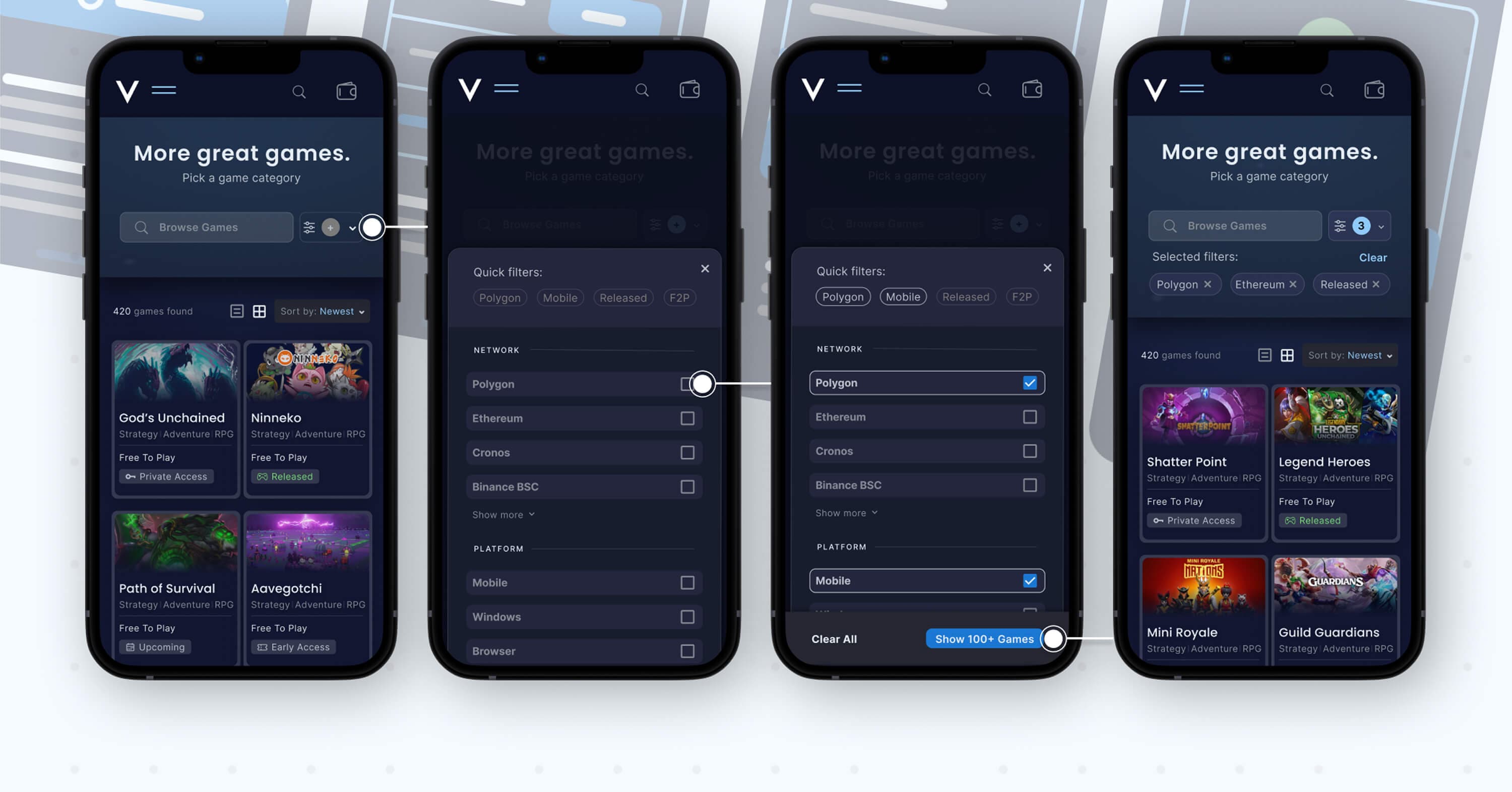 Mobile browse and filter flow — quick filters, network and platform choices, and the filtered games grid