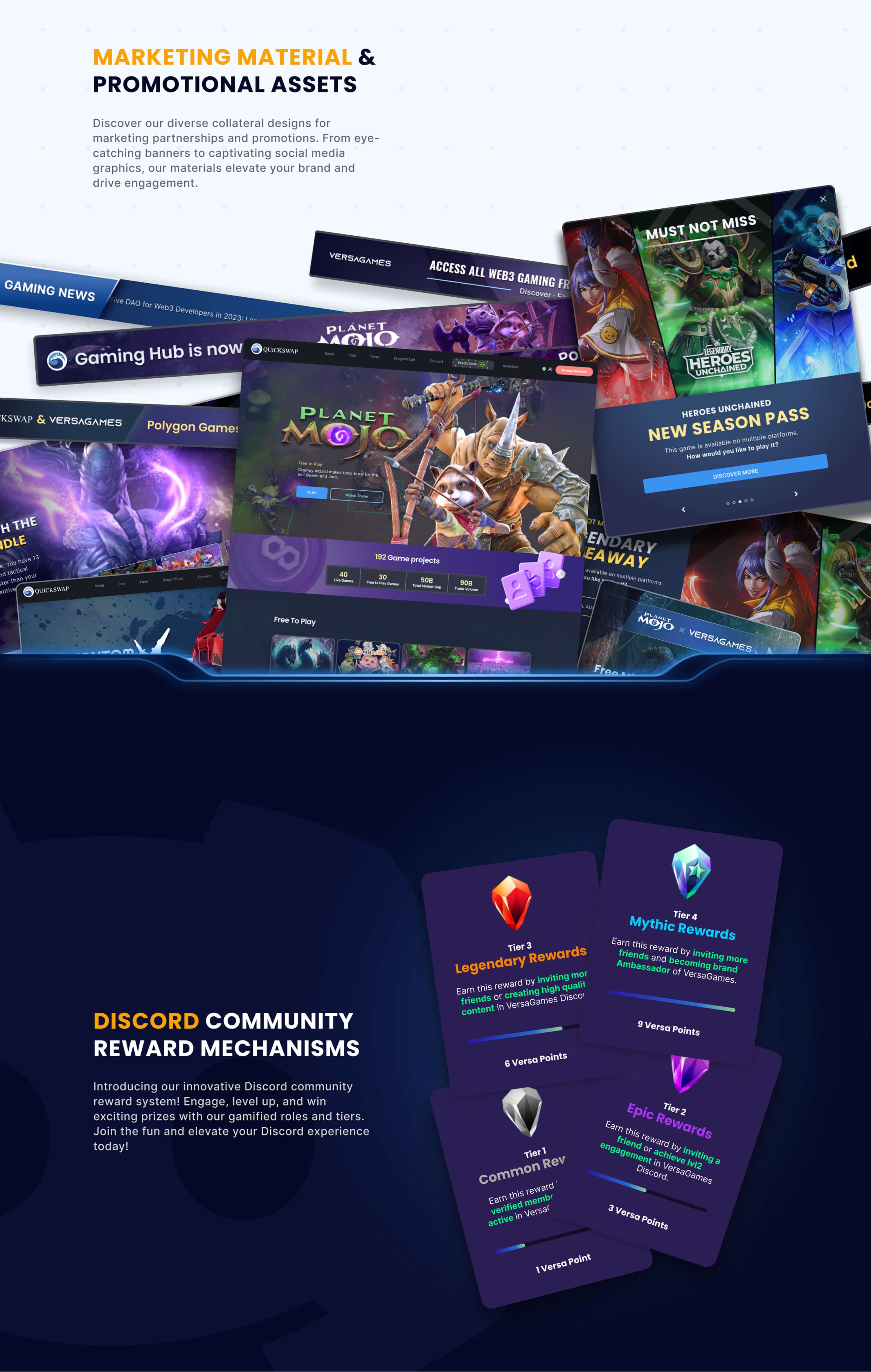 Marketing material and promotional assets — banners, popups and partner promos, with the Discord community reward tiers