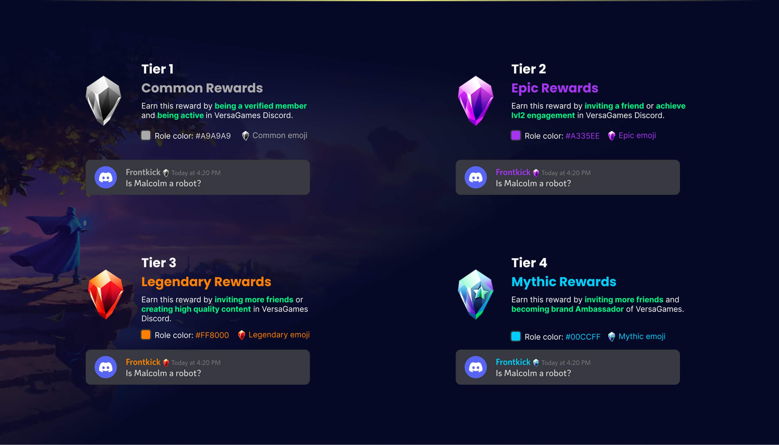 The four Discord reward tiers — common, epic, legendary and mythic, each with its role color and emoji in chat